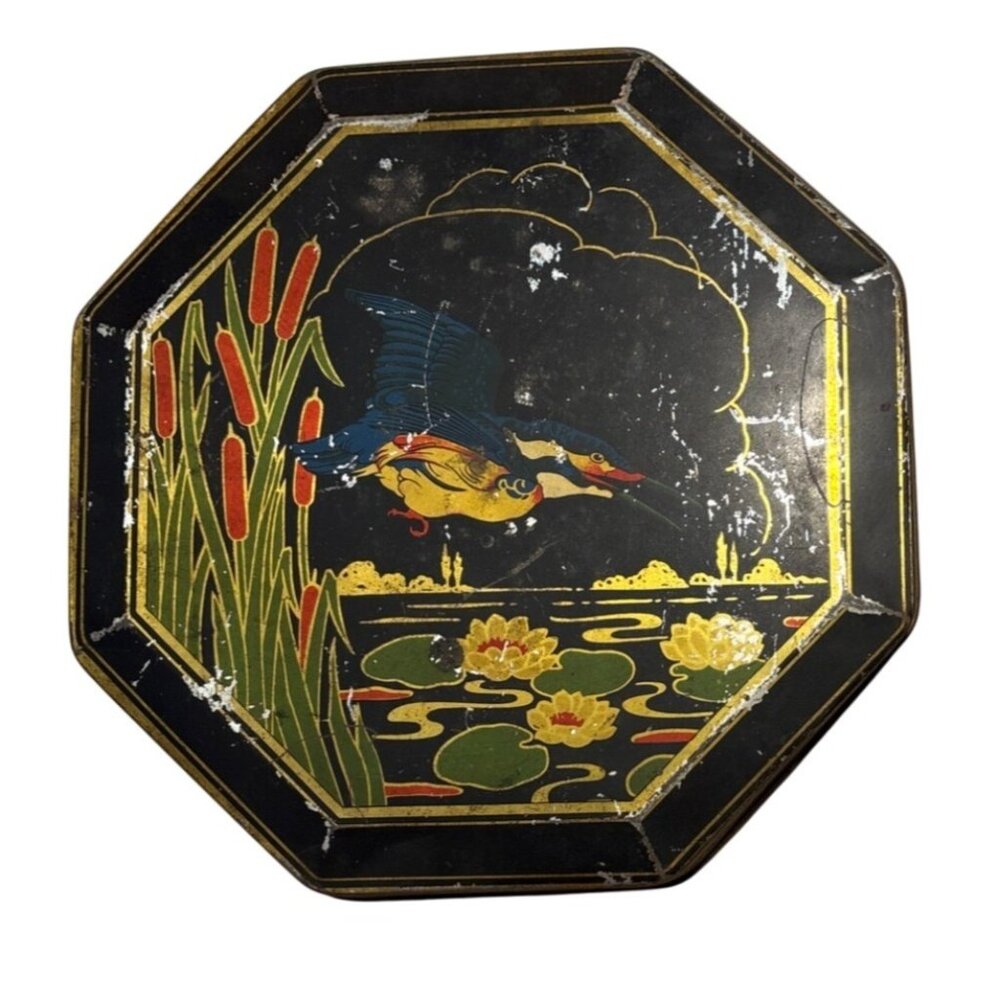 Sovereign Octagonal King Of All Toffee Tin  Colorful Bird & Water Lily Design